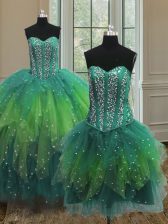 Exquisite Three Piece Beading Quinceanera Gowns Multi-color Lace Up Sleeveless Floor Length