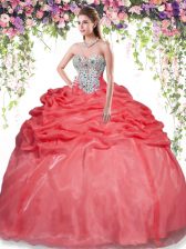  Sweetheart Sleeveless Quinceanera Gowns Floor Length Beading and Pick Ups Red Organza