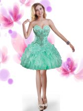  Sleeveless Mini Length Beading and Ruffles Lace Up Dress for Prom with Turquoise