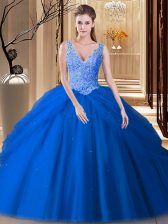 Pretty Blue Backless Sweet 16 Dresses Lace and Pick Ups Sleeveless Floor Length