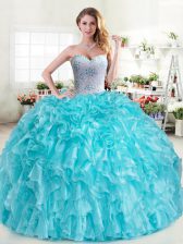  Floor Length Aqua Blue Sweet 16 Dresses Organza Sleeveless Beading and Ruffles