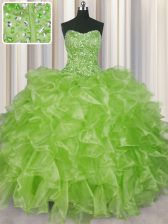  Visible Boning Beading and Ruffles Quinceanera Dress Yellow Green Lace Up Sleeveless Floor Length