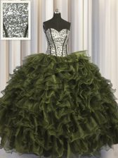  Sequins Visible Boning Olive Green Sleeveless Organza and Sequined Lace Up Ball Gown Prom Dress for Military Ball and Sweet 16 and Quinceanera