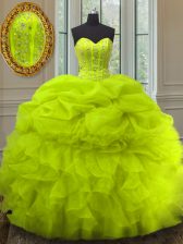 Comfortable Floor Length Lace Up Quinceanera Dresses Yellow Green for Military Ball and Sweet 16 and Quinceanera with Beading and Ruffles and Pick Ups