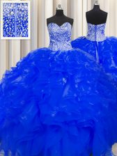  Visible Boning Beaded Bodice Floor Length Ball Gowns Sleeveless Royal Blue Sweet 16 Dresses Lace Up