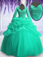  Turquoise Long Sleeves Floor Length Sequins and Pick Ups Zipper 15th Birthday Dress