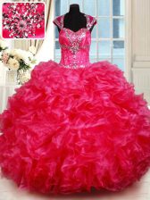 Fashionable Hot Pink Sweetheart Backless Beading and Ruffles Sweet 16 Dresses Cap Sleeves