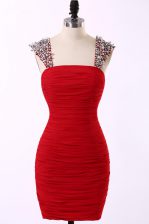  Straps Sleeveless Prom Evening Gown Mini Length Beading Red Taffeta