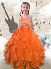  One Shoulder Beading and Ruffles Party Dress Wholesale Orange Red Lace Up Sleeveless Floor Length