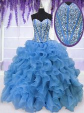 Fine Baby Blue Quinceanera Dresses Military Ball and Sweet 16 and Quinceanera with Beading and Ruffles Sweetheart Sleeveless Lace Up