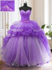 Luxury Lavender Lace Up Sweetheart Beading and Ruffled Layers Quince Ball Gowns Organza Sleeveless Sweep Train