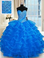 Simple Floor Length Lace Up Quinceanera Gowns Blue for Military Ball and Sweet 16 and Quinceanera with Beading and Ruffled Layers