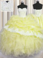 Fancy Light Yellow Lace Up Sweetheart Beading and Appliques and Ruffles and Pick Ups Quinceanera Gowns Organza Sleeveless