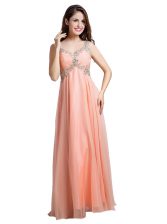  Peach Empire Beading Prom Dress Backless Organza Sleeveless Floor Length