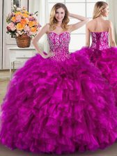  Fuchsia Quinceanera Dresses Military Ball and Sweet 16 and Quinceanera with Beading and Ruffles Sweetheart Sleeveless Brush Train Lace Up