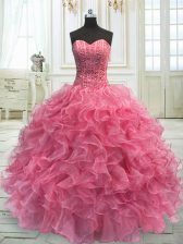 Modern Rose Pink Organza Lace Up Sweetheart Sleeveless Floor Length Ball Gown Prom Dress Beading and Ruffles