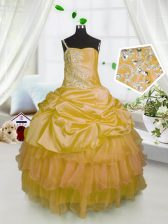  One Shoulder Orange Sleeveless Beading and Ruffled Layers and Pick Ups Floor Length Little Girl Pageant Dress