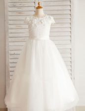 Best Selling White A-line Scoop Short Sleeves Tulle Floor Length Zipper Beading and Appliques Flower Girl Dress