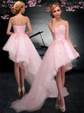 Shining Baby Pink Sleeveless Asymmetrical Appliques Lace Up Prom Dress