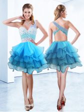  One Shoulder Aqua Blue Sleeveless Beading and Ruffled Layers Knee Length Prom Dress