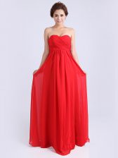 Romantic Floor Length Red Dress for Prom Chiffon Sleeveless Ruching
