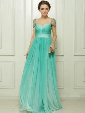 Traditional Chiffon Cap Sleeves Evening Dress and Beading and Ruching