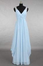  A-line Prom Gown Light Blue V-neck Chiffon Sleeveless Floor Length Zipper