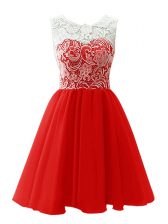 Eye-catching Scoop Red Chiffon Clasp Handle Prom Dress Sleeveless Mini Length Lace