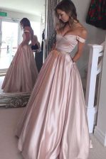 Custom Made Off The Shoulder Short Sleeves Zipper Prom Dress Pink Satin