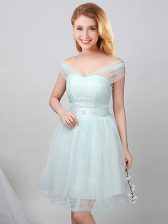 Glorious Off the Shoulder Apple Green Lace Up Quinceanera Court of Honor Dress Lace and Appliques and Belt Short Sleeves Mini Length