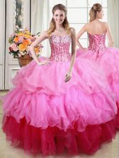 Colorful Organza Sleeveless Floor Length Quince Ball Gowns and Ruffles and Sequins