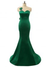 New Arrival Mermaid Scoop Sleeveless Satin Sweep Train Zipper Prom Party Dress in Green with Beading and Bowknot and Hand Made Flower