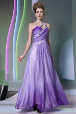 Colorful Lavender Side Zipper One Shoulder Beading and Ruching Dress for Prom Chiffon Sleeveless