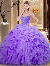 Captivating Lavender Organza Lace Up Quinceanera Gowns Sleeveless Floor Length Beading and Ruffles and Pick Ups