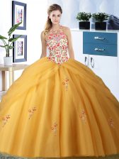Exquisite Halter Top Pick Ups Gold Sleeveless Tulle Lace Up Sweet 16 Dress for Military Ball and Sweet 16 and Quinceanera