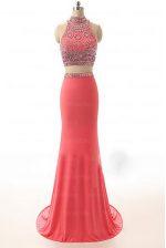 Spectacular Brush Train Empire Dress for Prom Watermelon Red High-neck Satin Sleeveless Backless