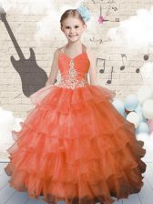 Enchanting Halter Top Ruffled Orange Sleeveless Organza Lace Up Little Girls Pageant Gowns for Party and Wedding Party