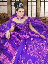Low Price Lavender Satin Lace Up Off The Shoulder Sleeveless Floor Length Quince Ball Gowns Embroidery