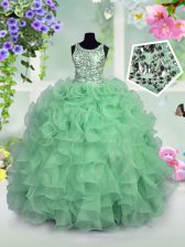  Scoop Apple Green Organza Zipper Teens Party Dress Sleeveless Floor Length Ruffles and Sequins