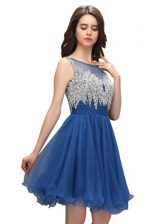 Admirable Blue A-line Organza Bateau Sleeveless Beading Knee Length Zipper Prom Gown