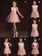 Best Peach A-line Tulle and Lace V-neck Sleeveless Lace and Bowknot Mini Length Lace Up Damas Dress