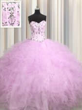 High Quality Visible Boning Beading and Appliques and Ruffles Quinceanera Dresses Lilac Lace Up Sleeveless Floor Length