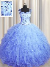 Glorious See Through Zipper Up Square Sleeveless Tulle Sweet 16 Quinceanera Dress Beading and Ruffles Zipper