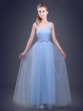 Custom Design Light Blue Straps Lace Up Ruching and Bowknot Quinceanera Court Dresses Sleeveless