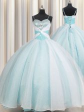  Spaghetti Straps Aqua Blue Lace Up Quinceanera Dress Beading and Ruching Sleeveless Floor Length