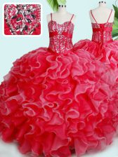 Floor Length Red 15th Birthday Dress Spaghetti Straps Sleeveless Lace Up