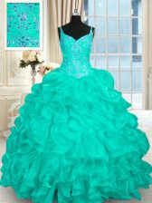  Turquoise Ball Gowns Spaghetti Straps Sleeveless Organza Brush Train Lace Up Beading and Ruffles Quince Ball Gowns