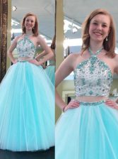 Romantic Halter Top Sleeveless Backless Prom Gown Blue Tulle