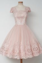  Baby Pink A-line Lace Dress for Prom Zipper Tulle Cap Sleeves Tea Length
