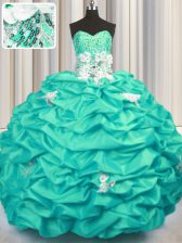  Sleeveless With Train Appliques and Sequins and Pick Ups Lace Up Quince Ball Gowns with Turquoise Brush Train